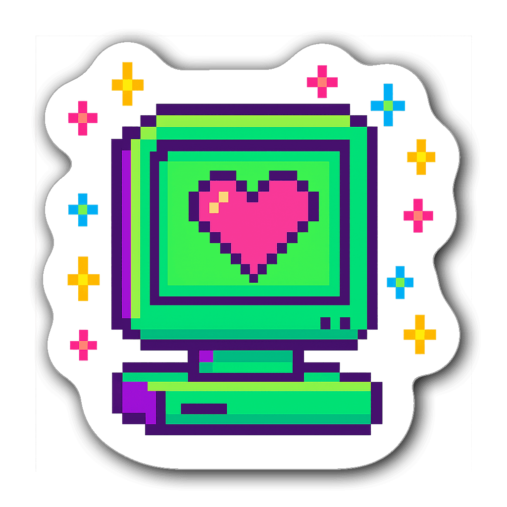 Pixel art 8-bit computer monitor sticker with a heart