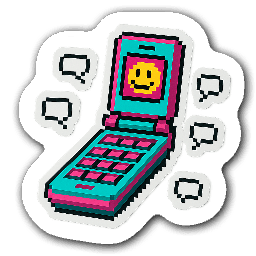 Y2K 8-bit retro flip phone sticker with pixel art design