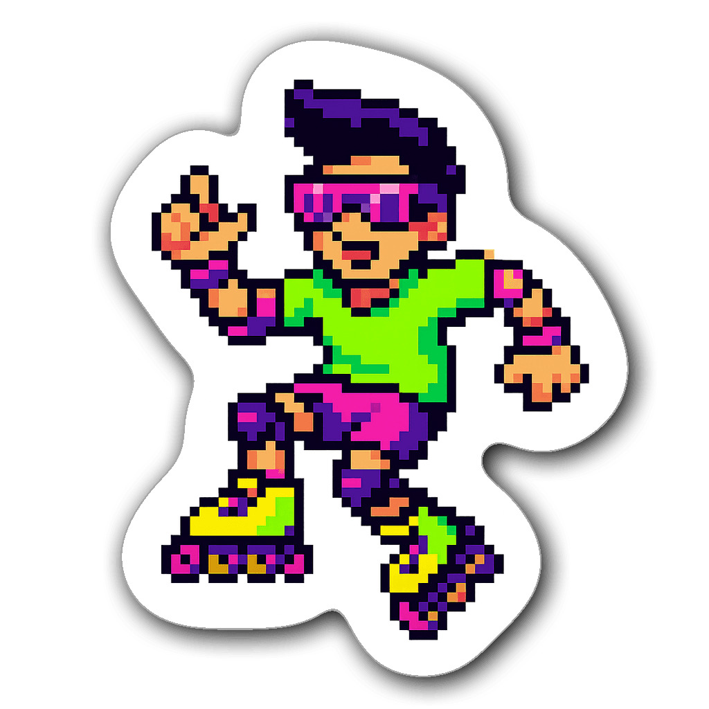Pixel art 8-bit rollerblader character in neon gear