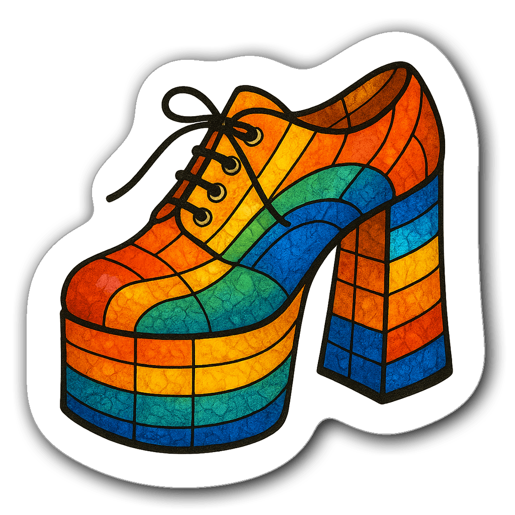 Stained glass sticker of a classic 70s platform shoe in rainbow colors