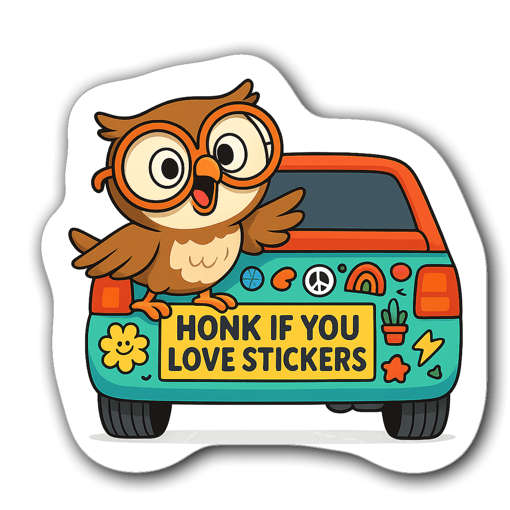 Cartoon owl wearing glasses on a colorful bumper sticker design