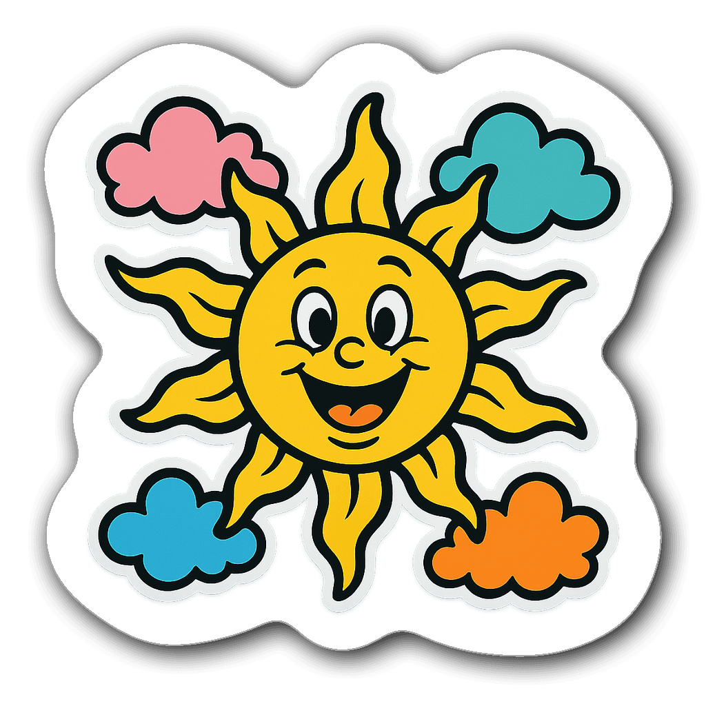 Whimsical cartoon sun with colorful clouds window decal