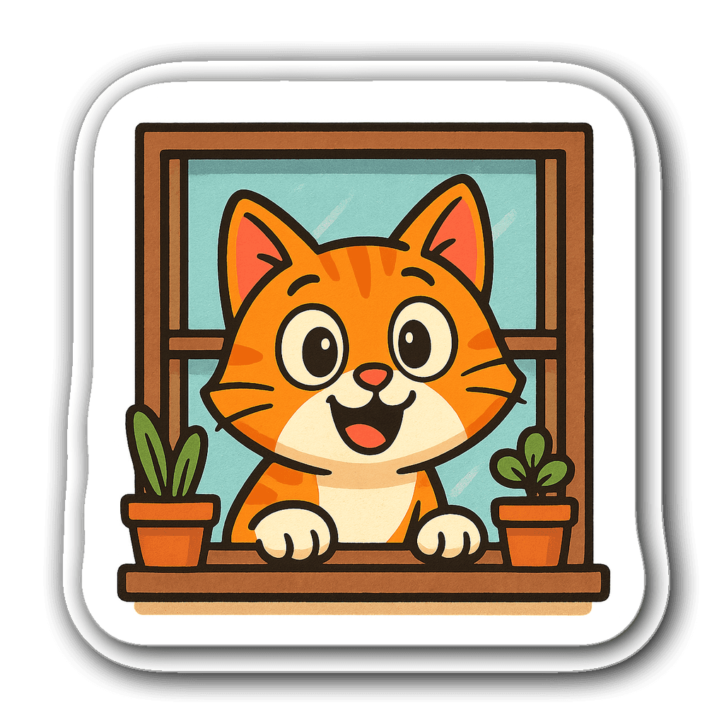 Cheerful cartoon cat peeking through a window with plants