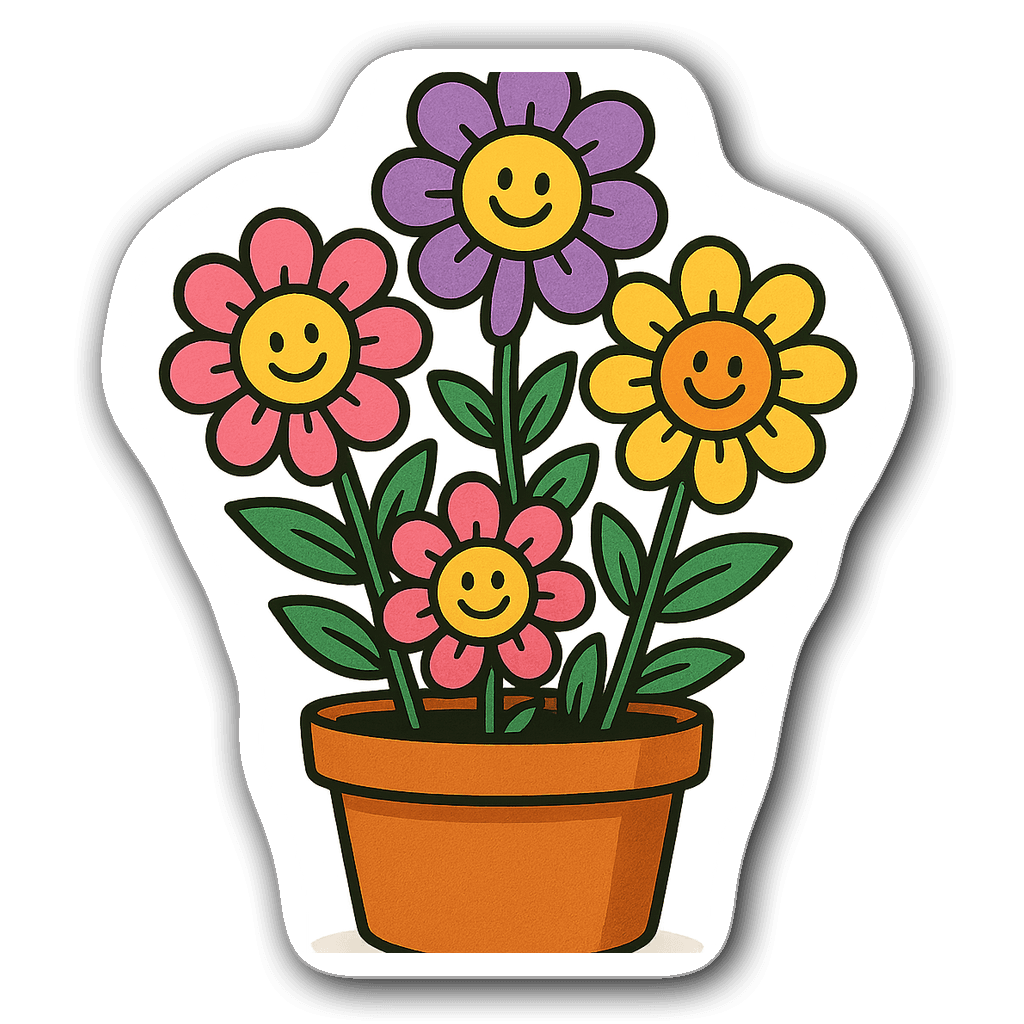 Colorful window decal of a flower pot with smiling flowers