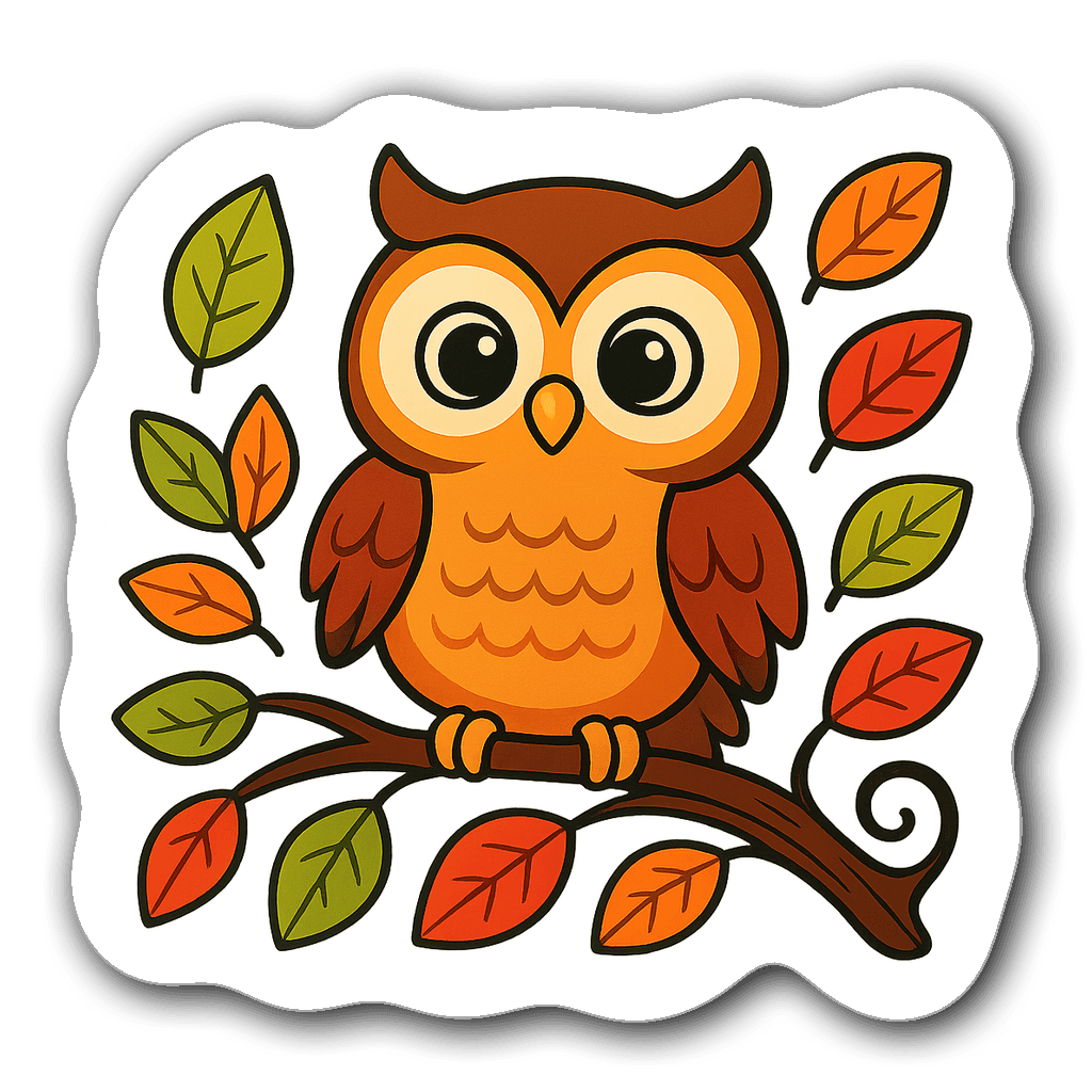 Adorable cartoon owl on a branch with colorful leaves