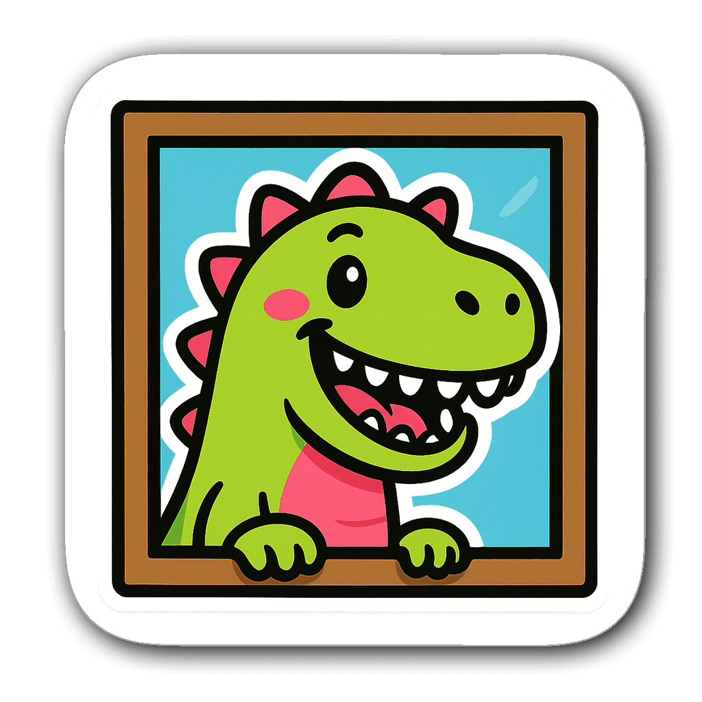 Friendly cartoon dinosaur peeking from behind a window frame