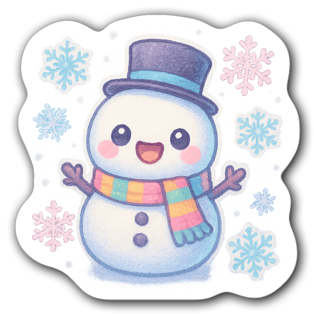 Kawaii chibi-style snowman window decal with snowflakes