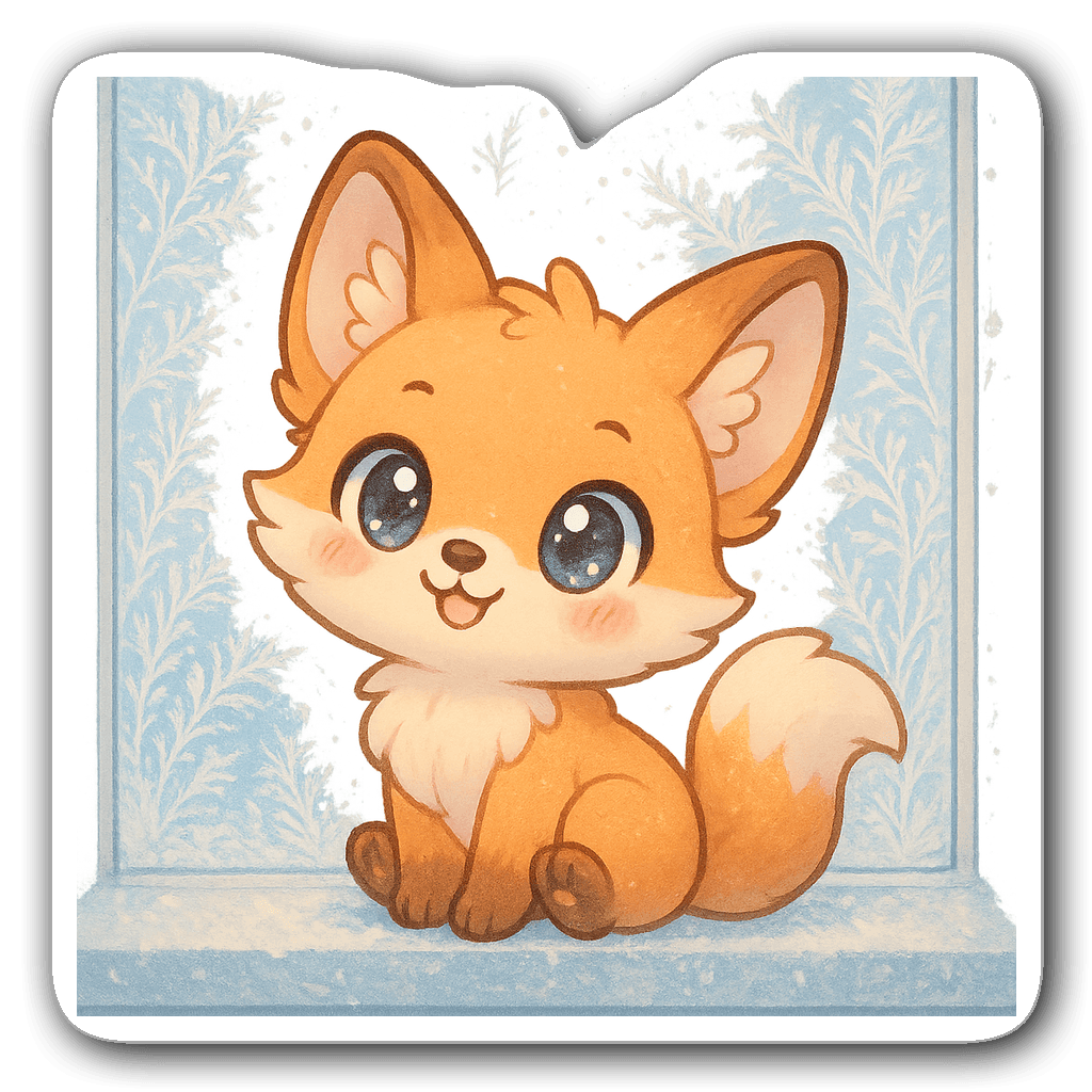 Chibi winter fox with sparkling eyes on a frosted window