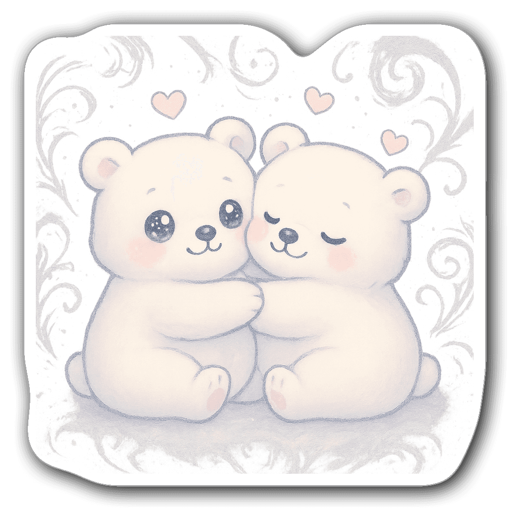 Kawaii polar bear couple with big eyes and hearts on frosted background