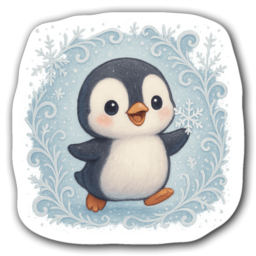 Charming chibi penguin holding a snowflake in frosted window sticker