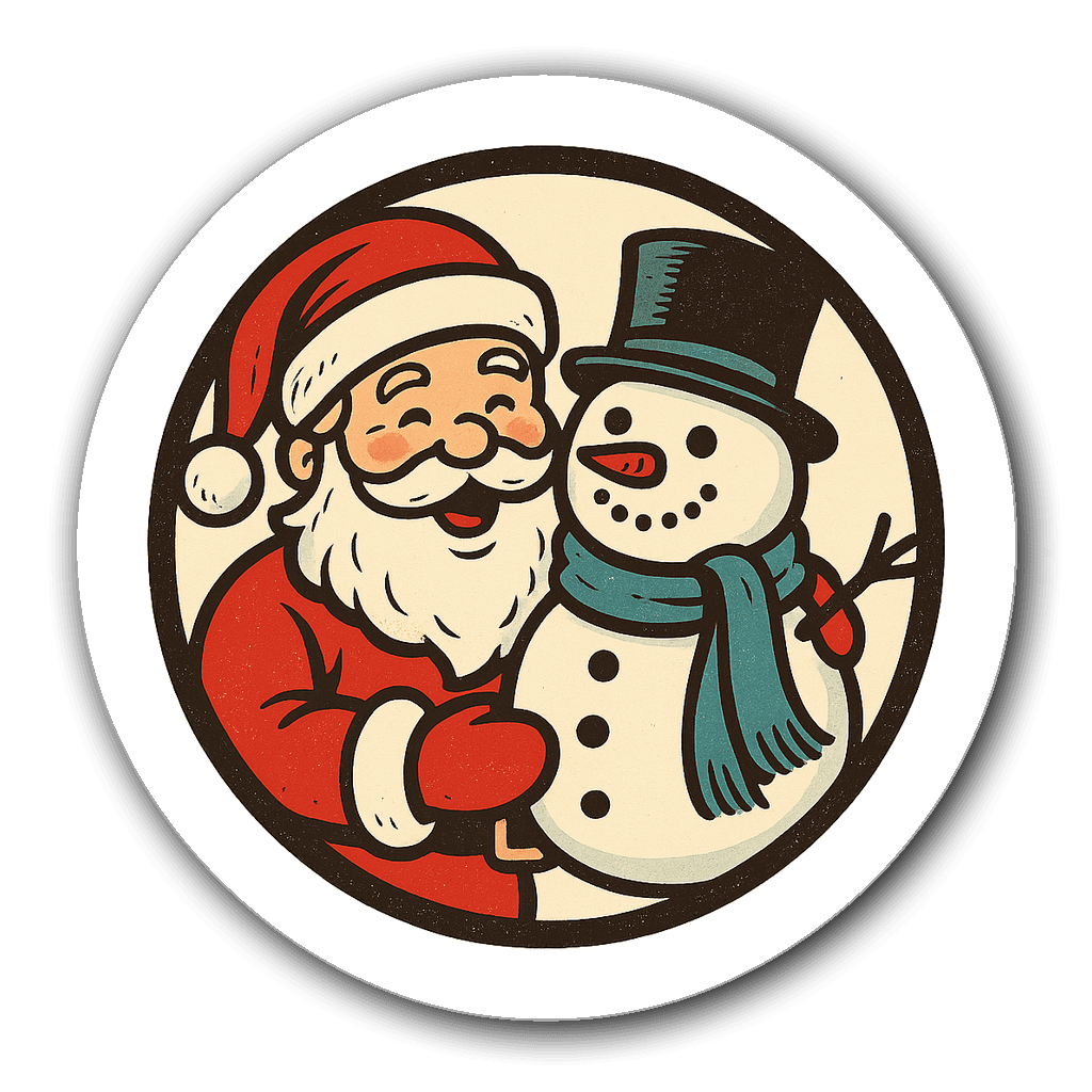 Vintage Santa with a snowman in holiday attire window decal