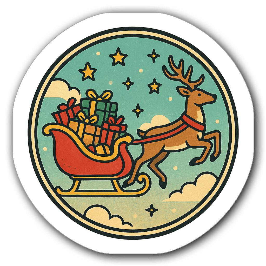 Retro window decal of a sleigh with presents and reindeer in a pastel sky