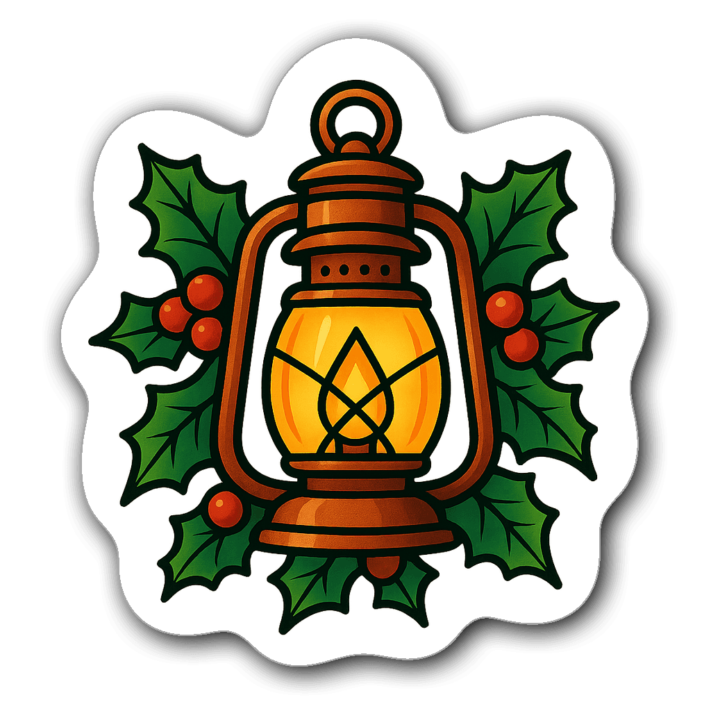 Vintage Christmas lantern surrounded by holly leaves and berries