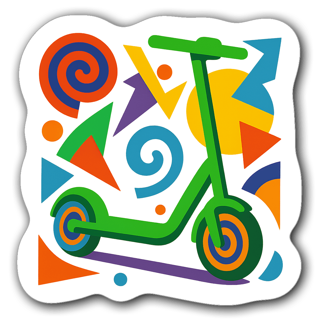 Abstract representation of an electric scooter in vivid green with geometric shapes