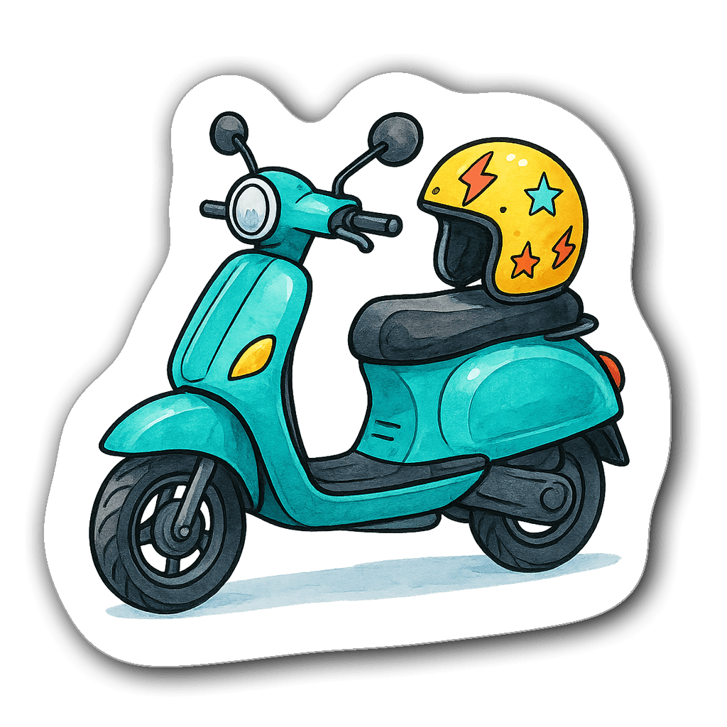 Soft watercolor illustration of a vibrant electric scooter with a helmet