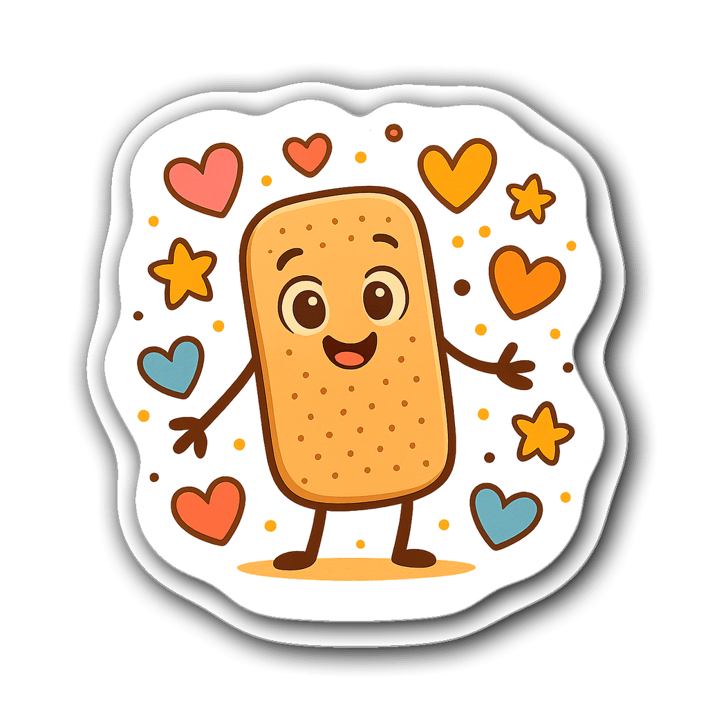 Cartoon band-aid character with big eyes and colorful hearts.