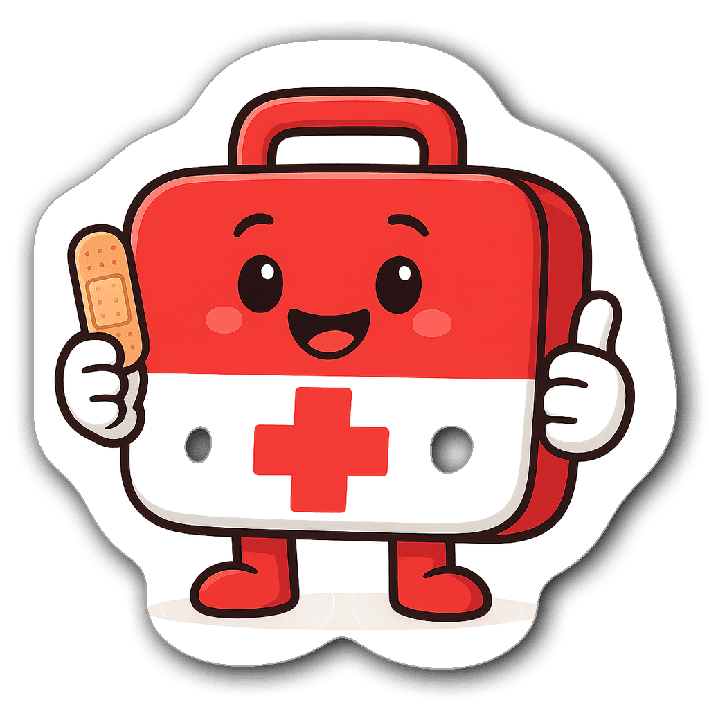 Cute first aid kit character with a bandage and thumbs up