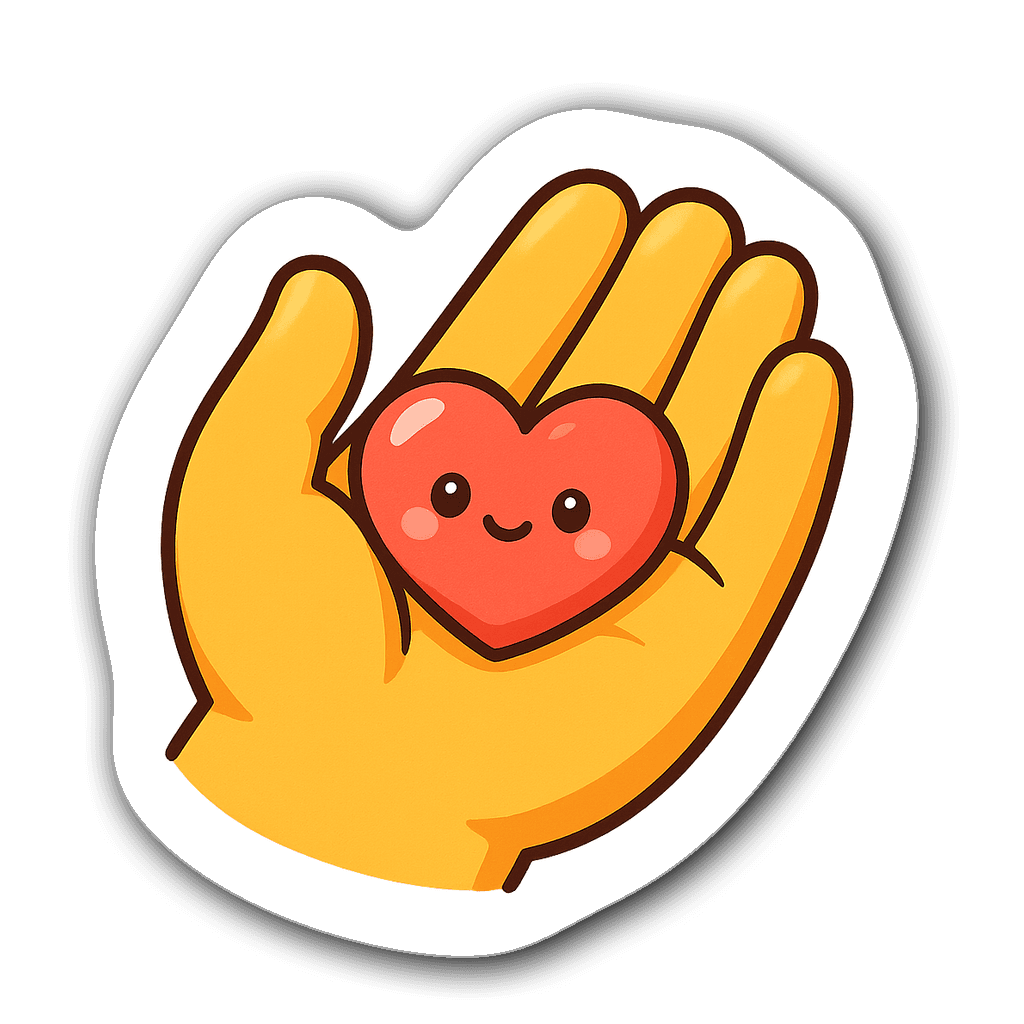Cartoon character of a hand cradling a heart in bright colors