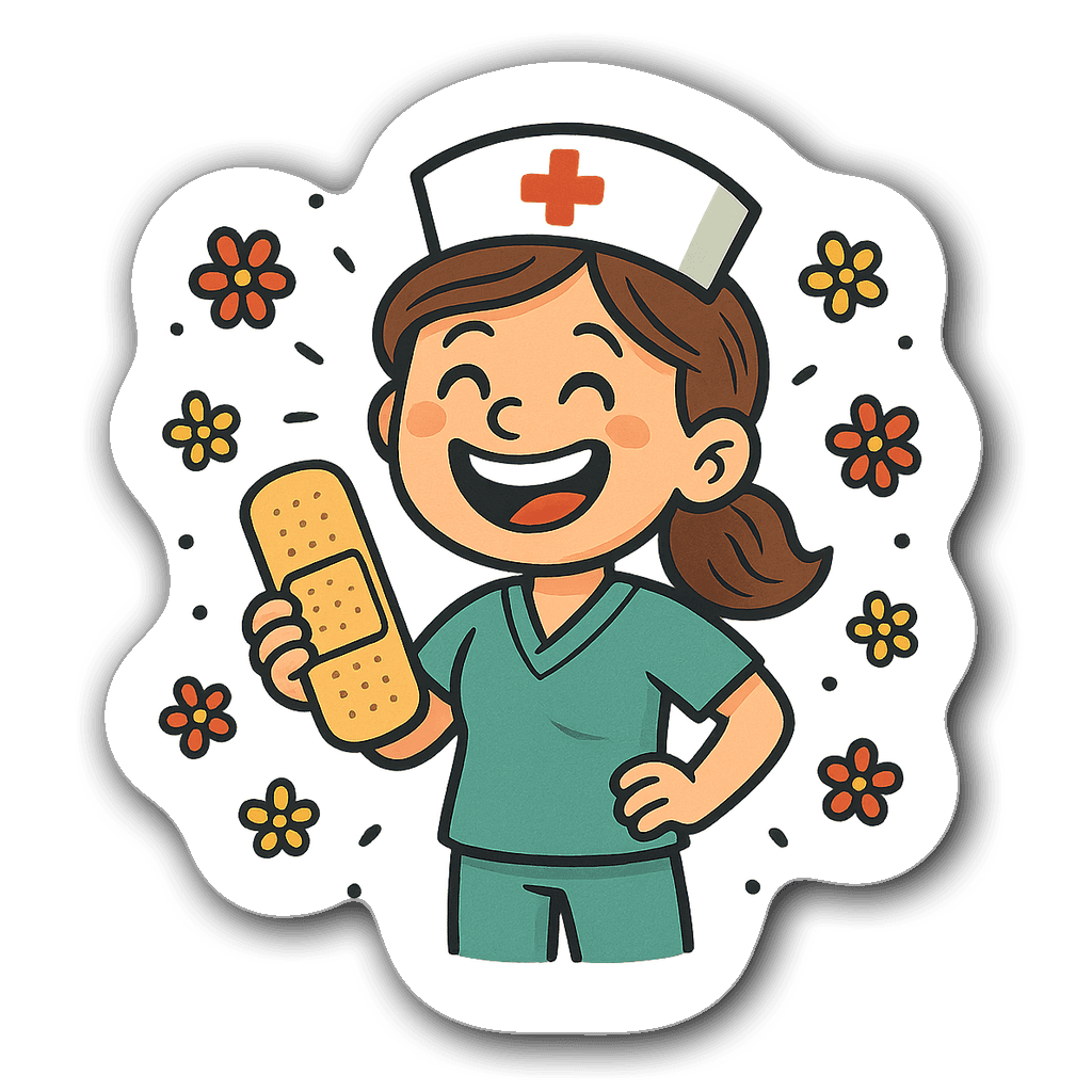 Playful cartoon nurse sticker with bandage and flowers