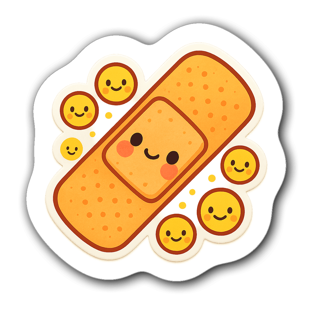 Vibrant kawaii-style bandage sticker surrounded by smiley faces