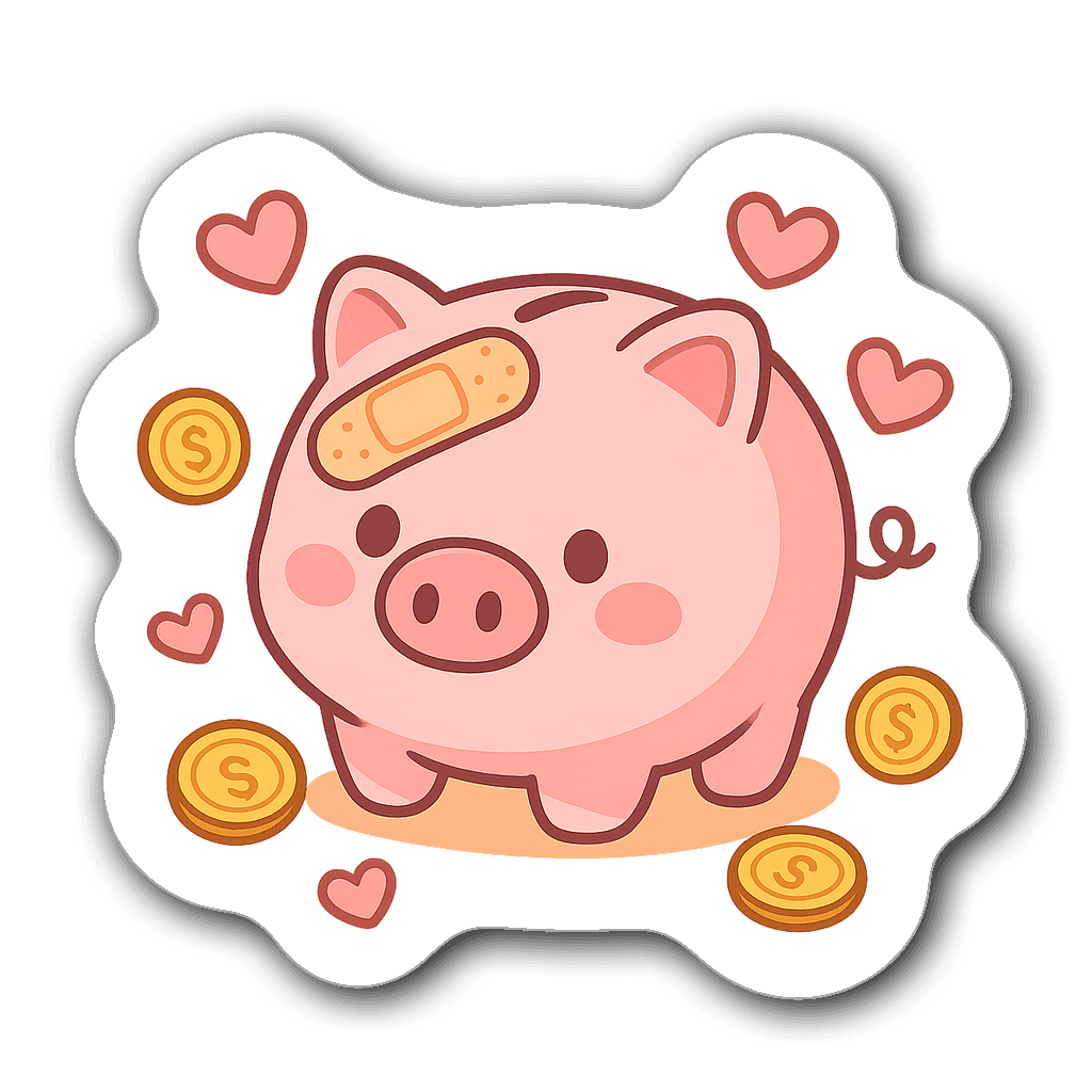 A cute cartoon piggy bank with a bandage surrounded by coins and hearts