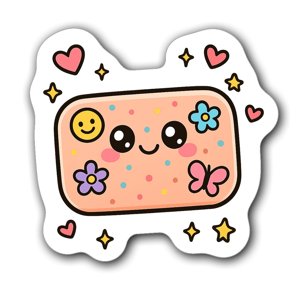 Kawaii chibi band-aid character with sparkly eyes and tiny hearts