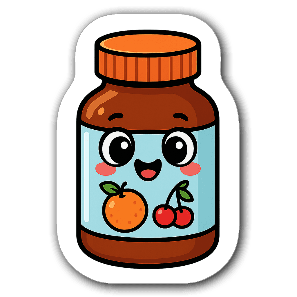 Kawaii chibi style medicine bottle with bright eyes and fruits