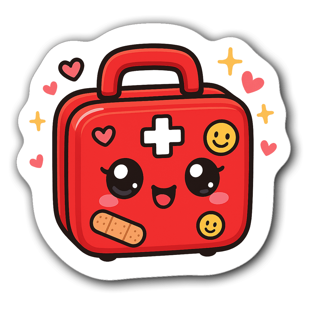 Kawaii chibi style first aid kit with cute faces and hearts