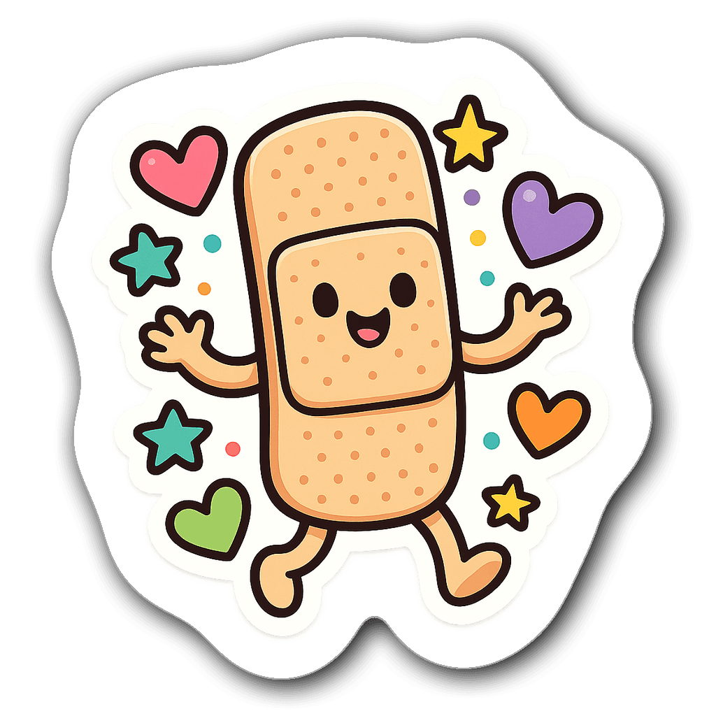 Smiling band-aid cartoon sticker surrounded by hearts and stars