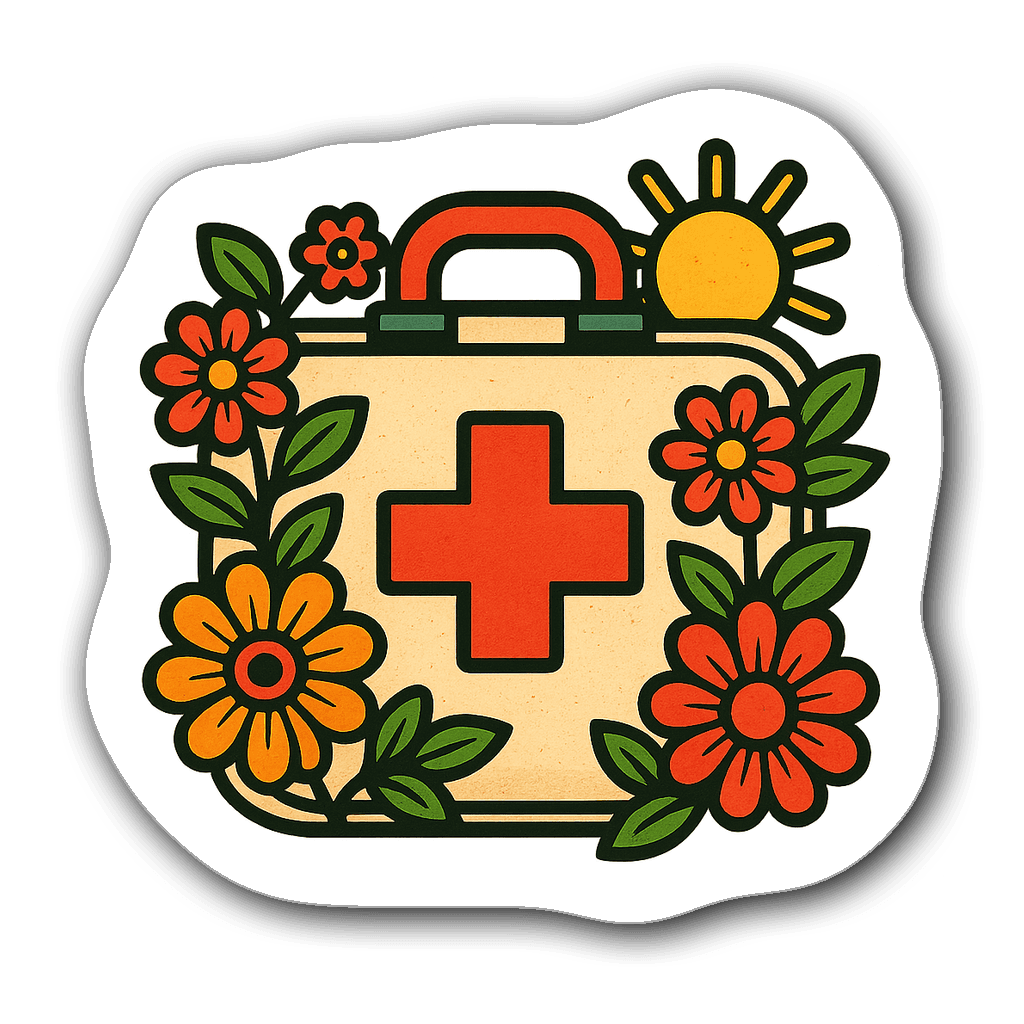 Retro vintage first aid kit sticker with flowers and sun