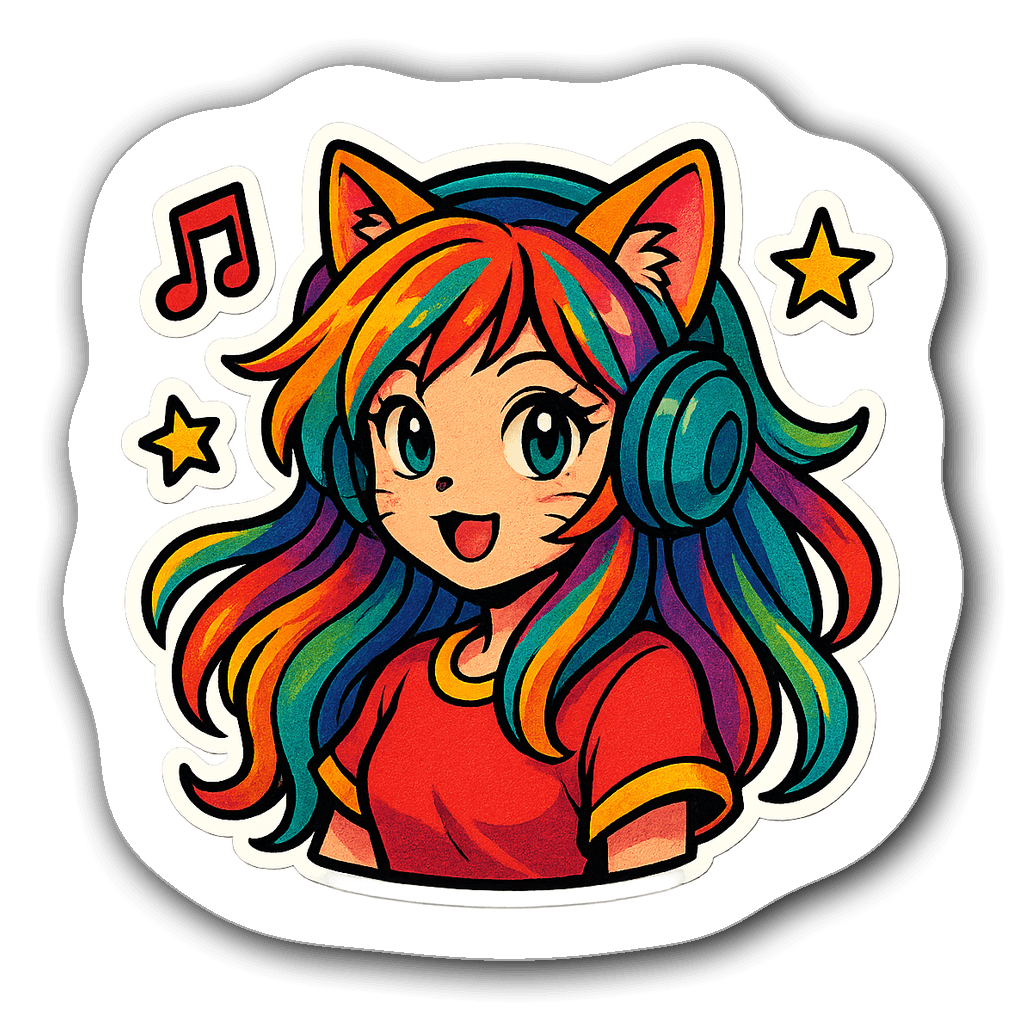 Retro anime cat girl with colorful hair and headphones sticker