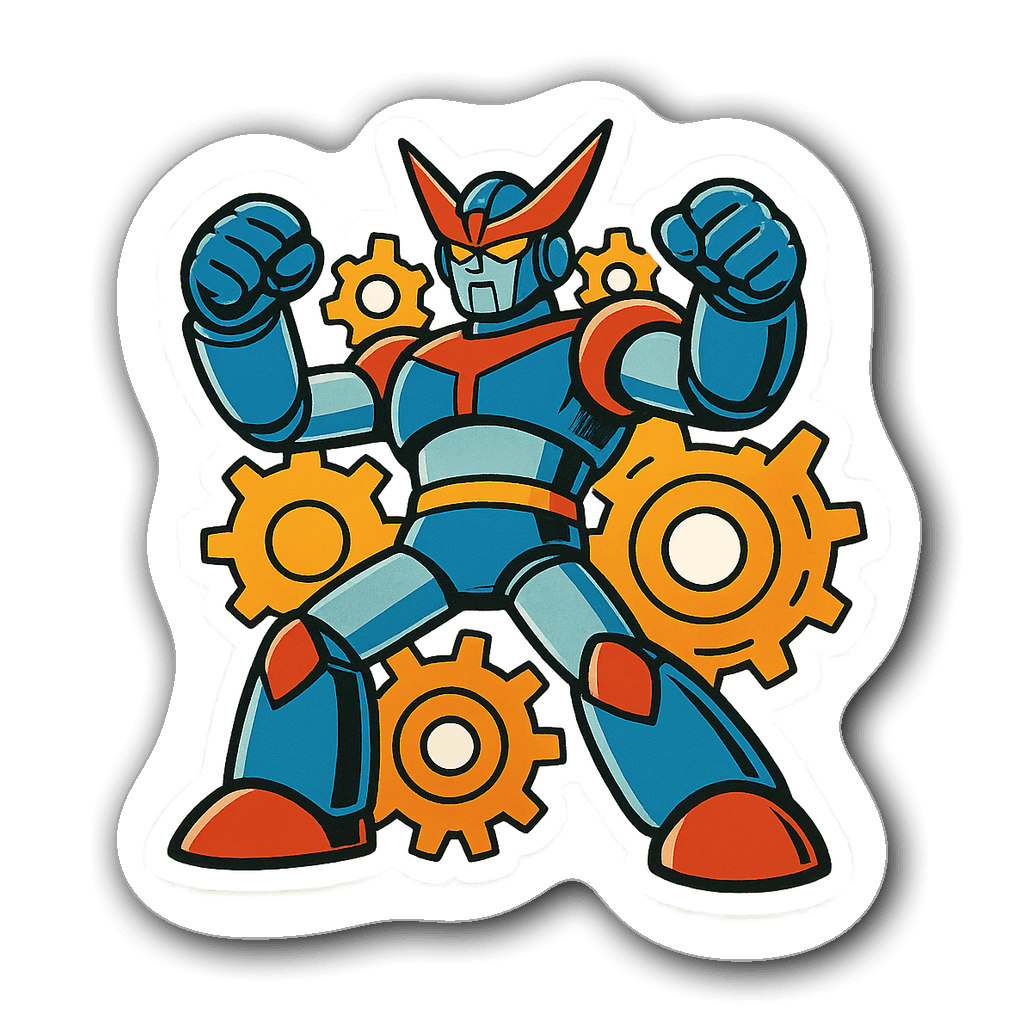 Retro vintage anime robot sticker with gear motifs