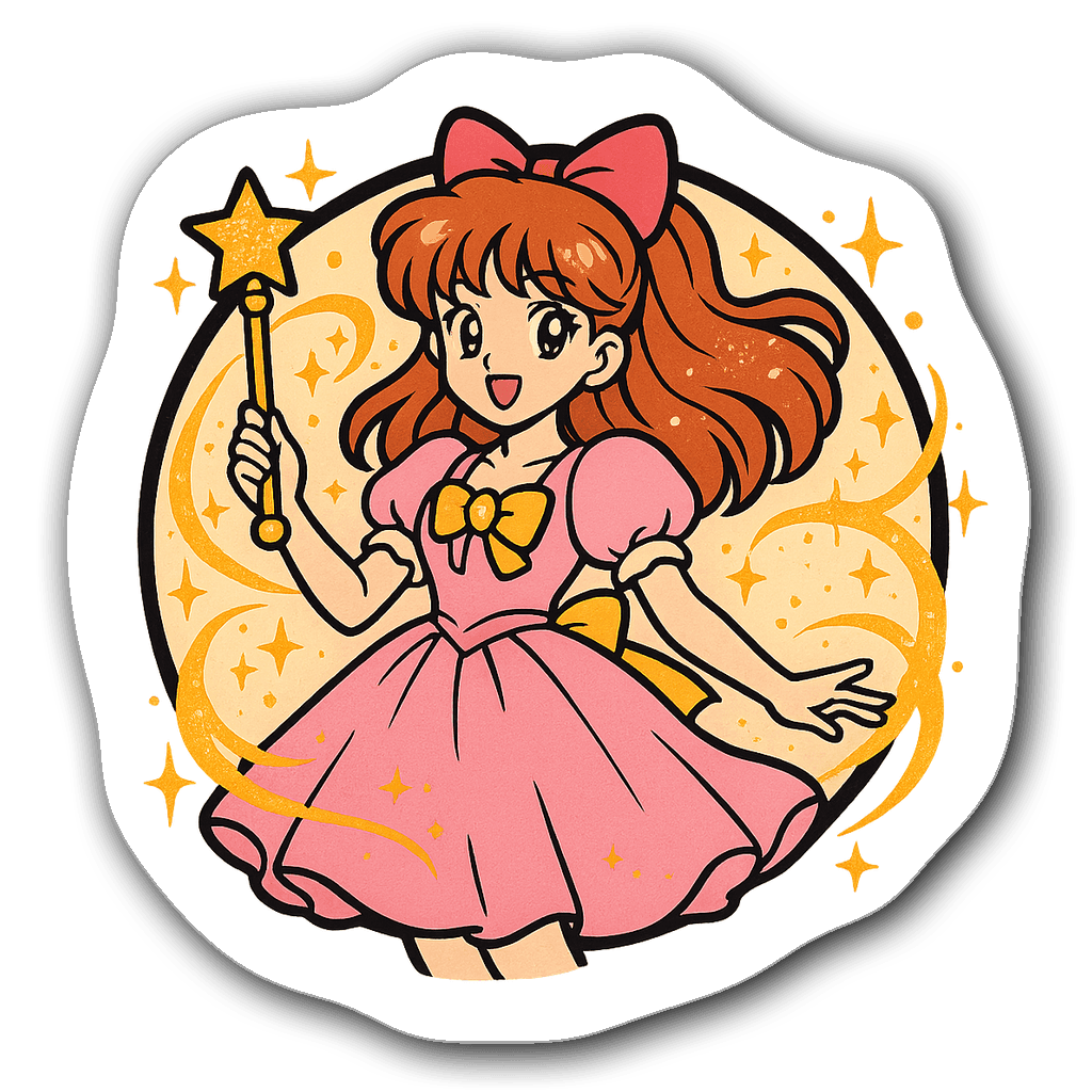 Retro magical girl anime sticker with sparkles and wand