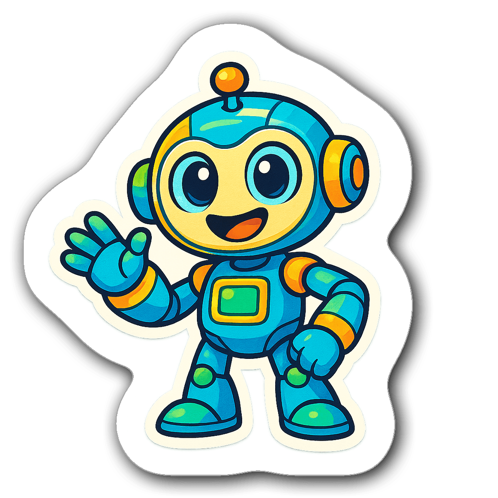 Cute humanoid robot sticker with big smile and colorful gadgets.