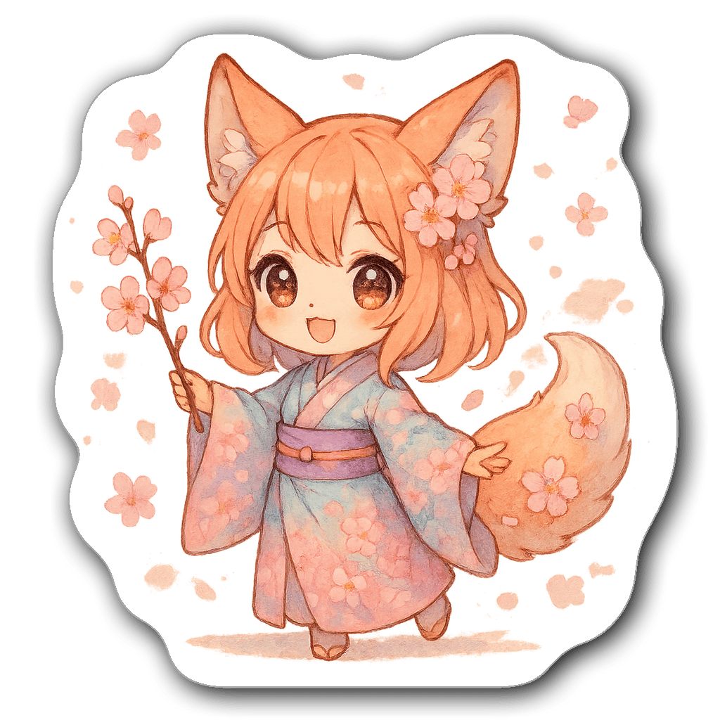 Cute chibi-style fox girl in pastel kimono with sakura branch