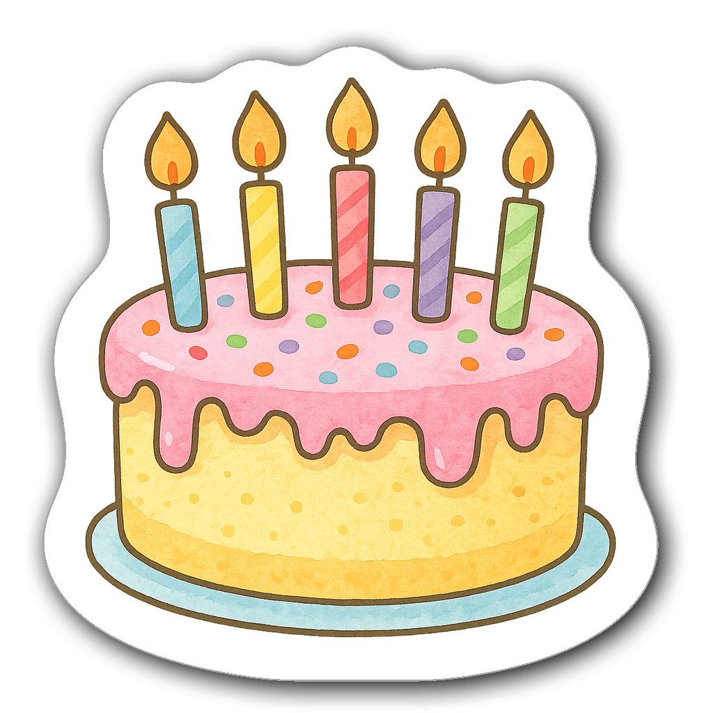 Colorful watercolor birthday cake with candles illustration