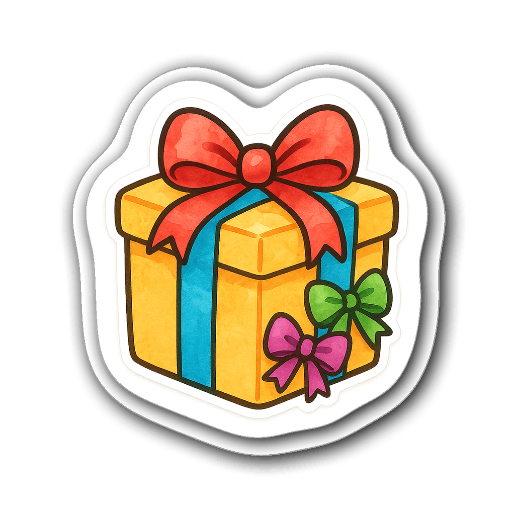 Cheerful present sticker with bright ribbons and bows in watercolor