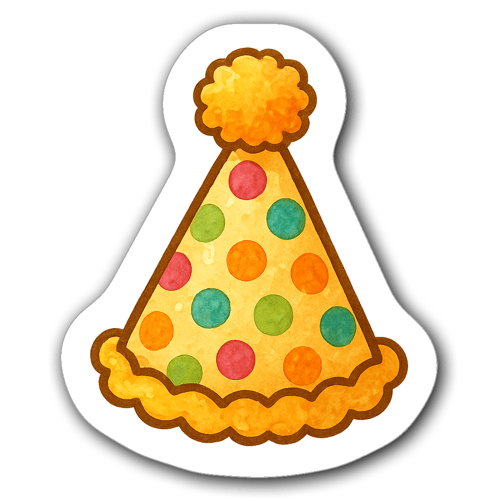 Adorable watercolor sticker of a colorful party hat with polka dots