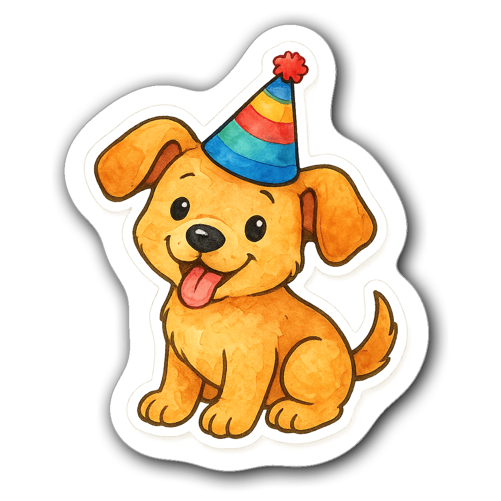 A playful puppy wearing a colorful party hat drawn in watercolor