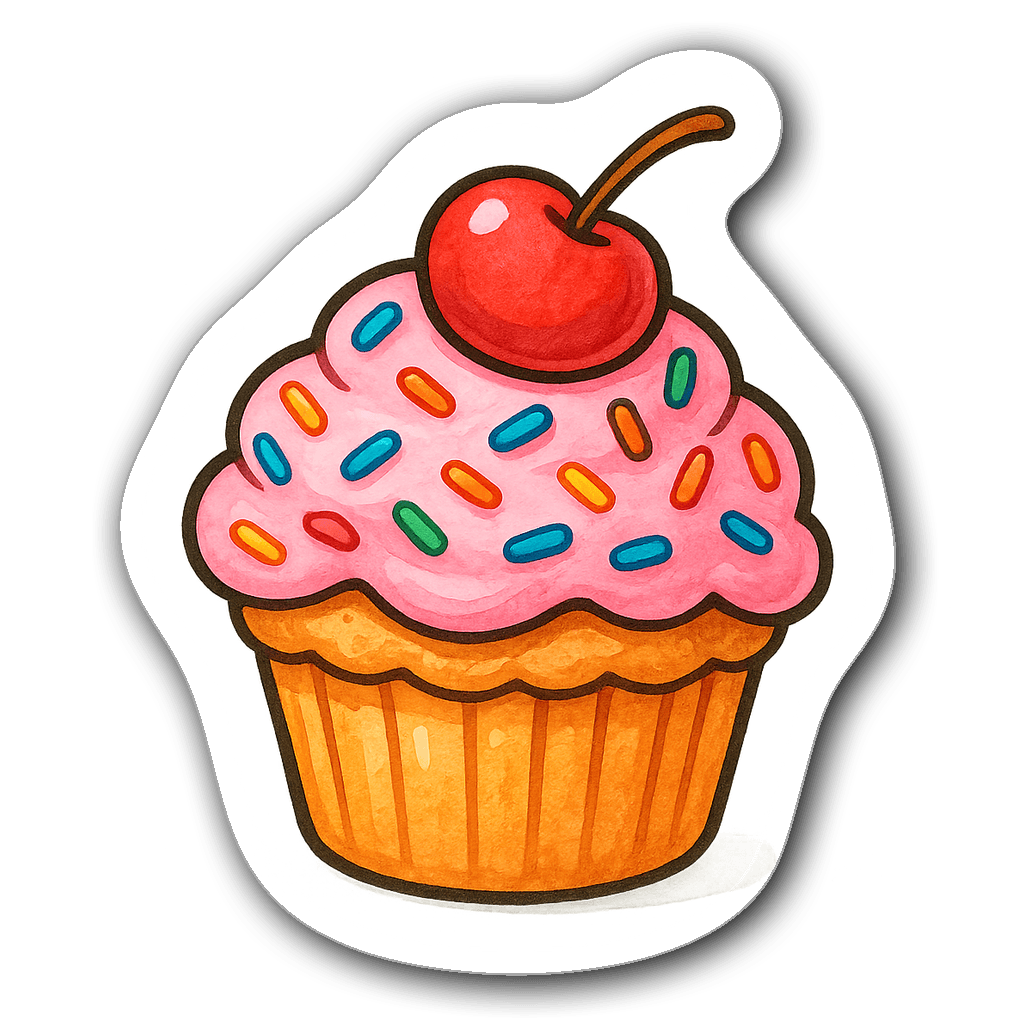 Playful cupcake sticker with sprinkles and cherry in watercolor