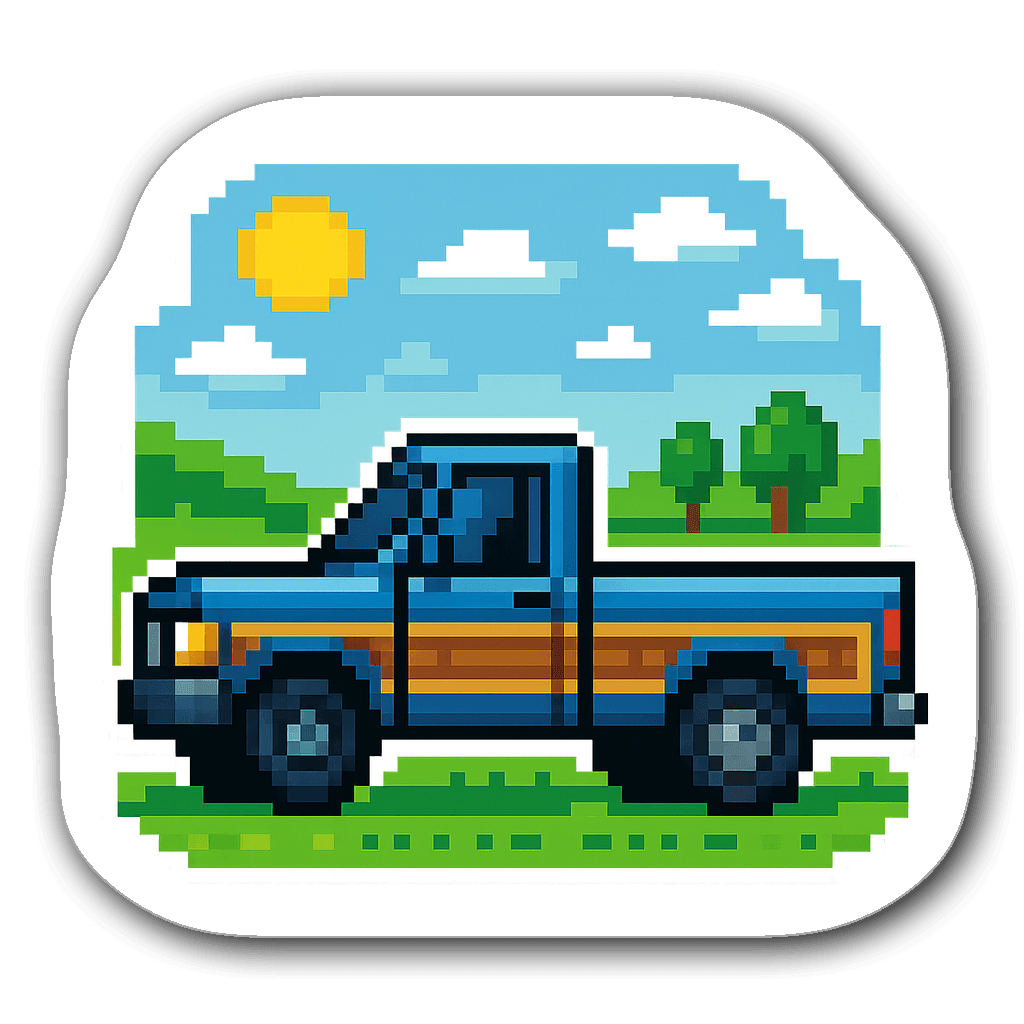 Die-cut pixel art pickup truck sticker in blue with wood paneling