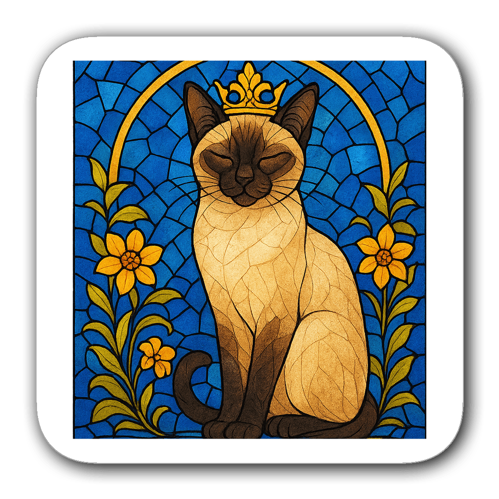 Siamese cat in stained glass design with floral accents