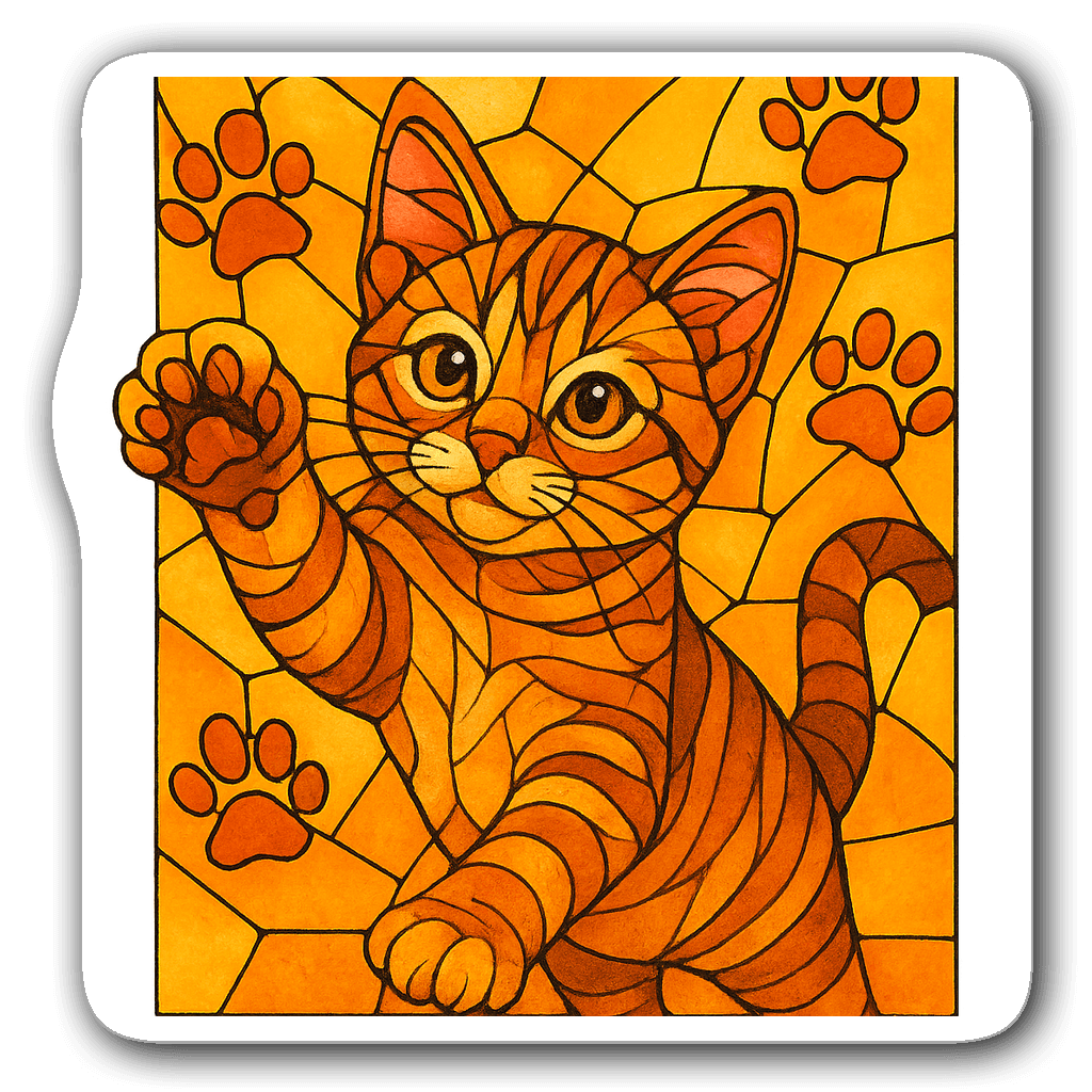 Bright stained glass design of a playful tabby kitten