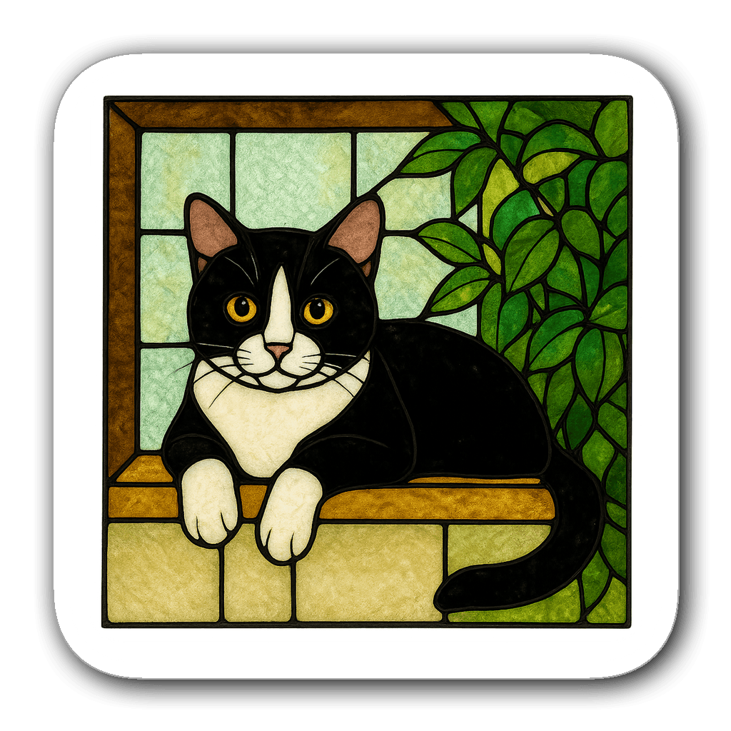Stained glass sticker of a tuxedo cat lounging on a window sill