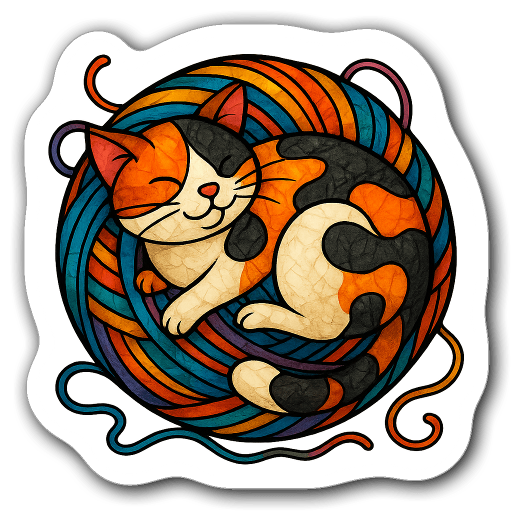 Stained glass style sticker of a calico cat in a yarn ball