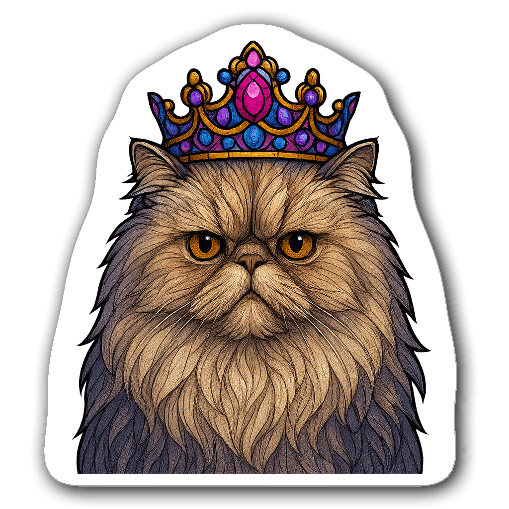 Stained glass style Persian cat sticker with colorful crown
