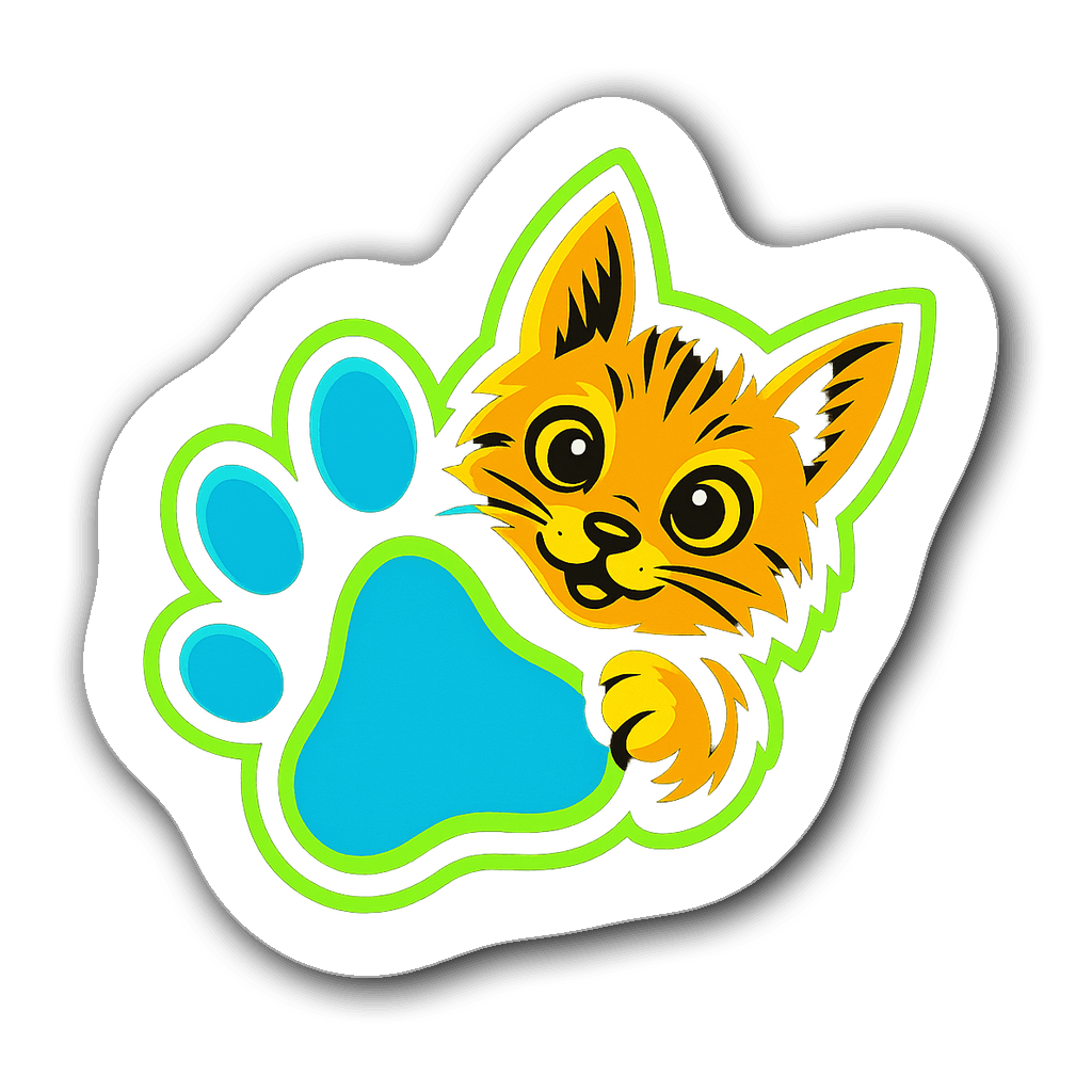 A mischievous kitten peeking from behind a neon green and blue paw print