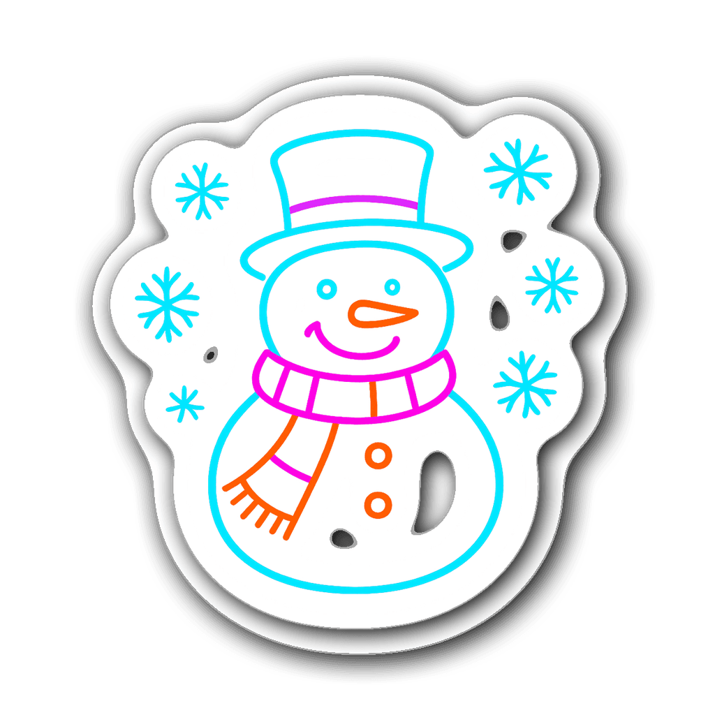 Neon glow outline of a snowman with colorful scarf and snowflakes