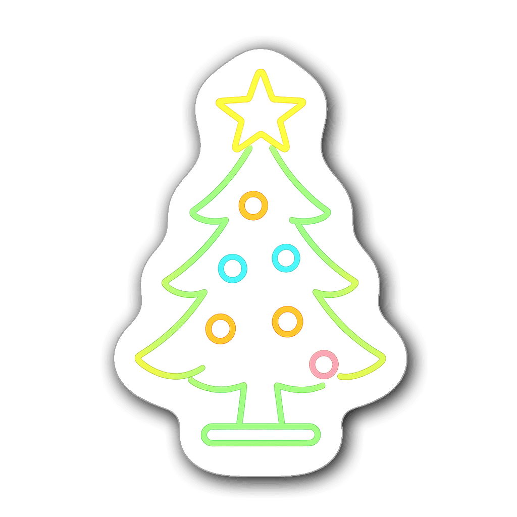 Neon outline of a colorful Christmas tree with ornaments
