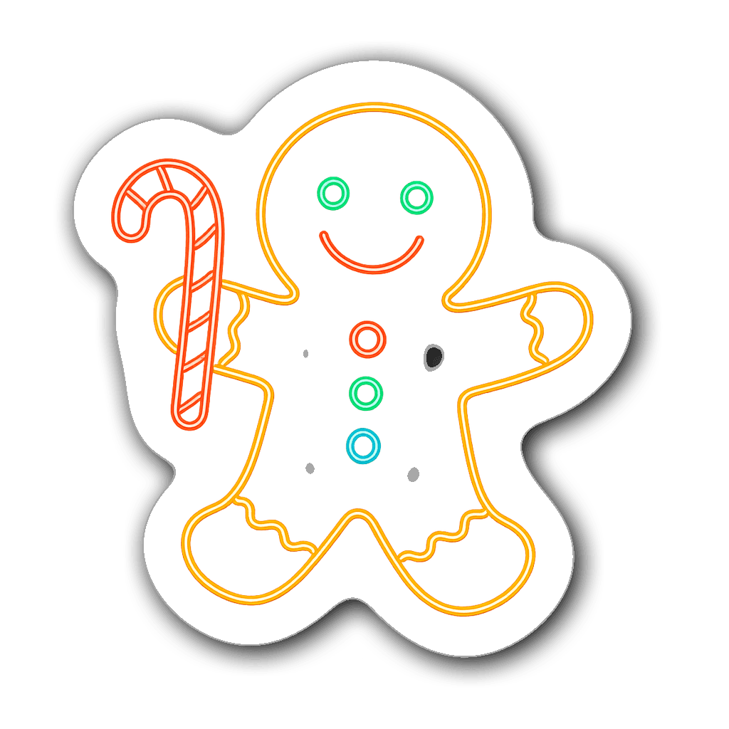 Neon outline sticker of a cute gingerbread man holding a candy cane
